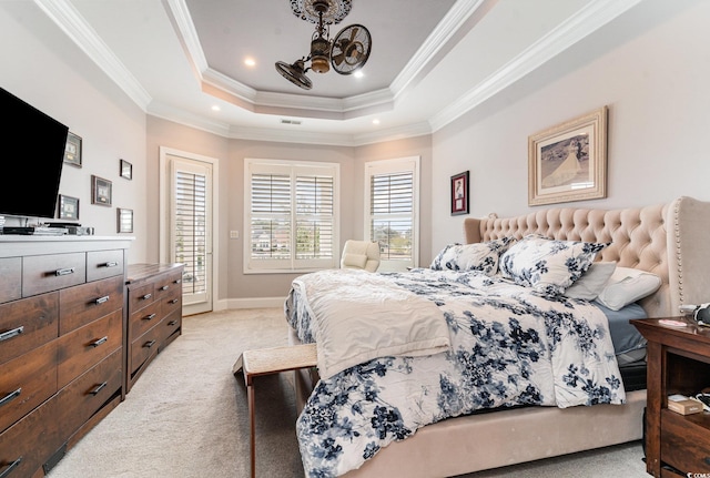 bedroom featuring baseboards, crown molding, a raised ceiling, access to outside, and light colored carpet