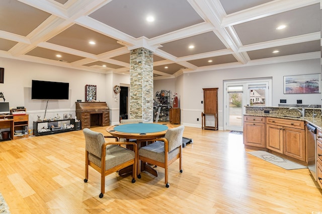 dining space with coffered ceiling, ornate columns, light wood-style flooring, recessed lighting, and beamed ceiling