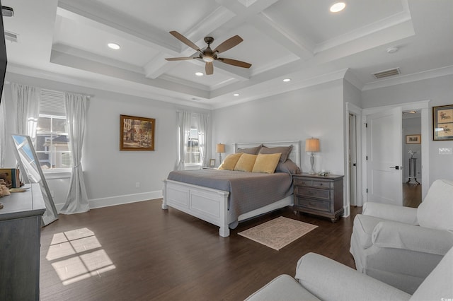 bedroom with visible vents, beamed ceiling, dark wood-type flooring, coffered ceiling, and baseboards