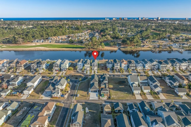 aerial view featuring a residential view and a water view