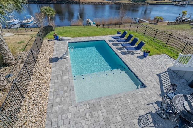 view of pool with a fenced in pool, a water view, a lawn, and fence