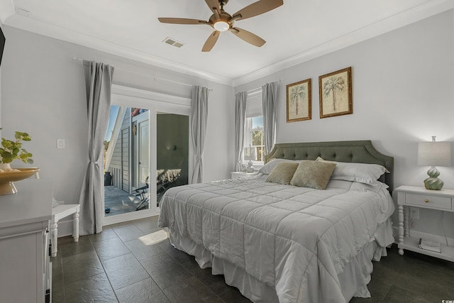 bedroom with crown molding, access to outside, a ceiling fan, and visible vents