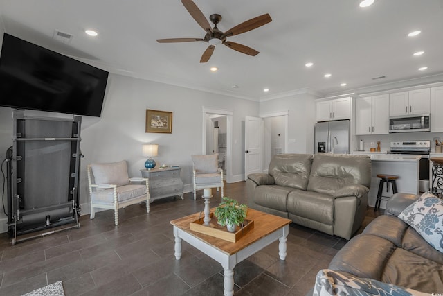 living room featuring visible vents, ornamental molding, recessed lighting, baseboards, and ceiling fan