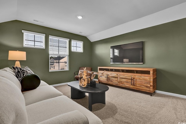 108 Wagner Cir, Conway, SC 29526 - carpeted living room with visible vents, lofted ceiling, and baseboards