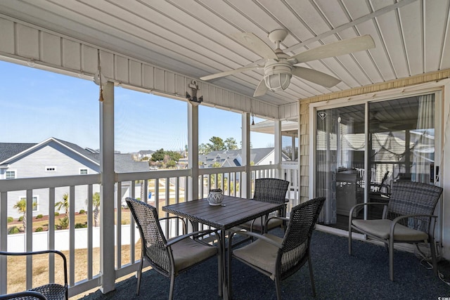 sunroom / solarium featuring wood ceiling and a ceiling fan