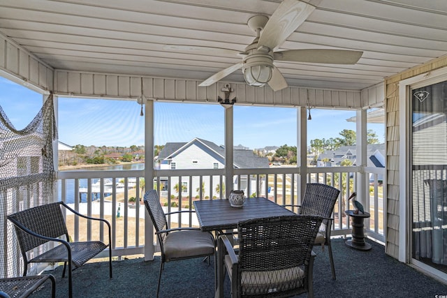 sunroom / solarium with a ceiling fan and a healthy amount of sunlight