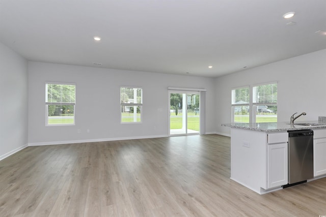 495 Wagner Cir, Conway, SC 29526 - kitchen with dishwasher, open floor plan, light stone counters, white cabinetry, and recessed lighting