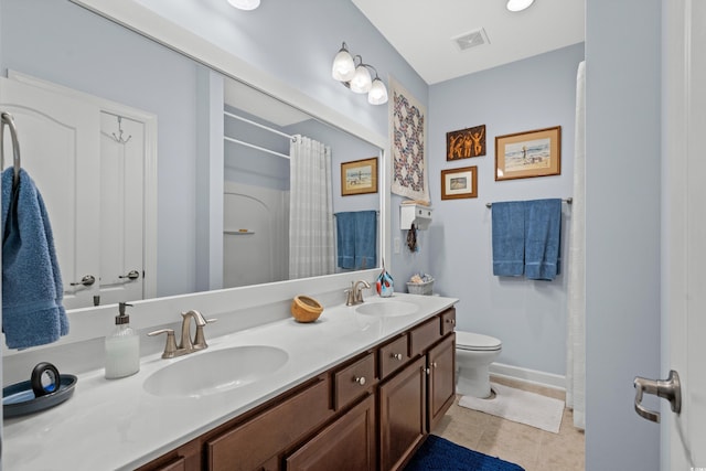 bathroom featuring tile patterned floors, toilet, visible vents, and a sink