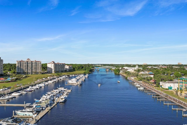 drone / aerial view featuring a water view