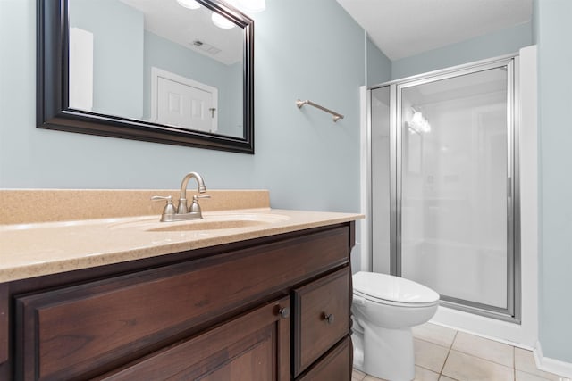 full bathroom with vanity, visible vents, a shower stall, tile patterned floors, and toilet