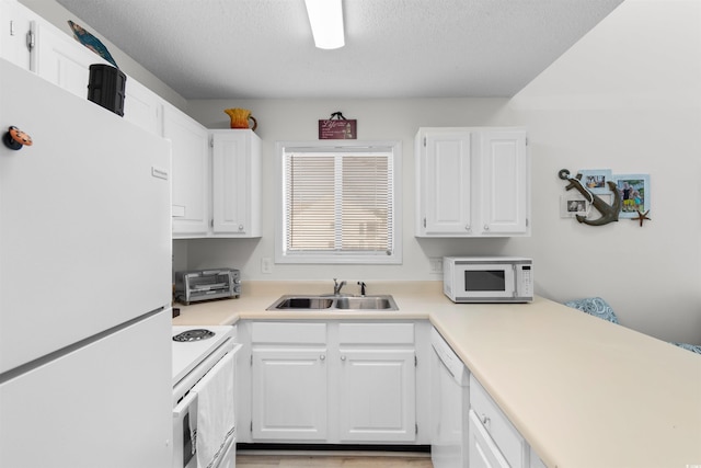 kitchen with a sink, white appliances, and white cabinetry
