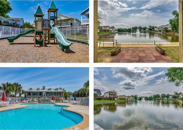 exterior space with playground community, a water view, and fence