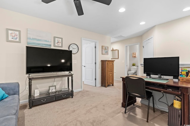 office area featuring visible vents, baseboards, carpet flooring, recessed lighting, and a ceiling fan