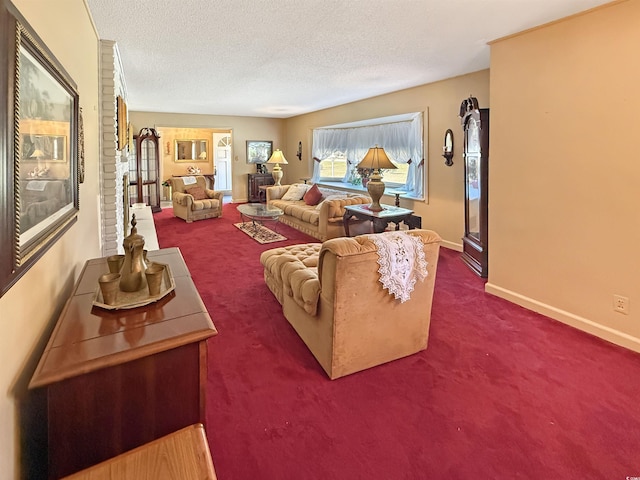 living area with baseboards, a textured ceiling, and carpet