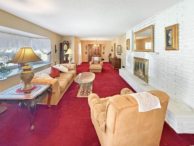 carpeted living area featuring a brick fireplace, a textured ceiling, and an inviting chandelier