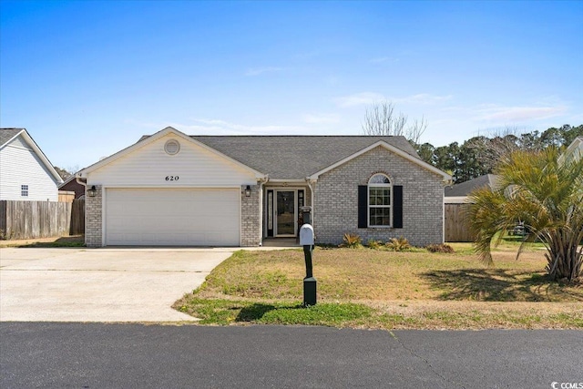 ranch-style home with a garage, brick siding, concrete driveway, and fence