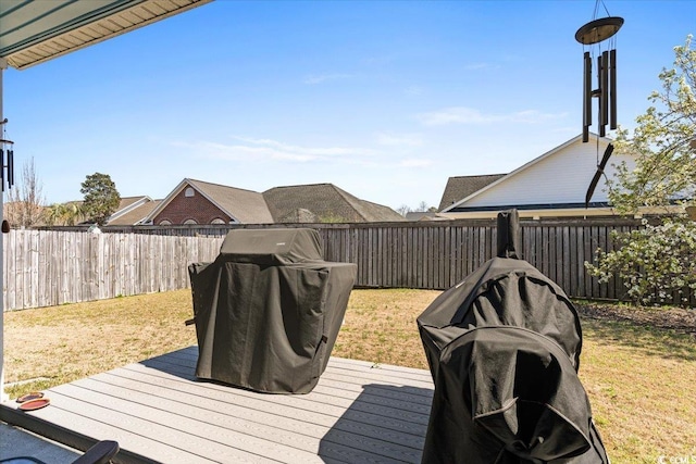 deck featuring area for grilling, a lawn, and a fenced backyard