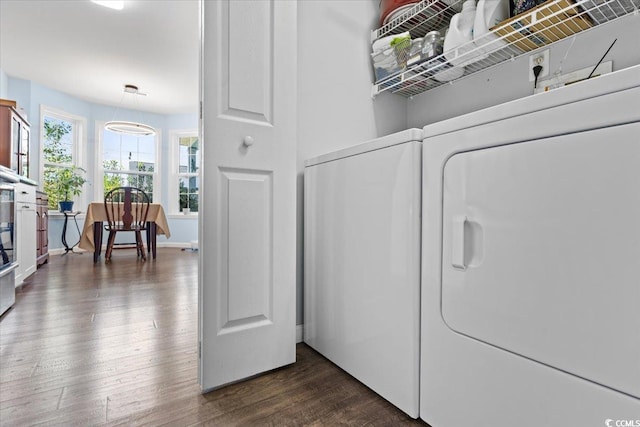 laundry area featuring dark wood finished floors, laundry area, and baseboards