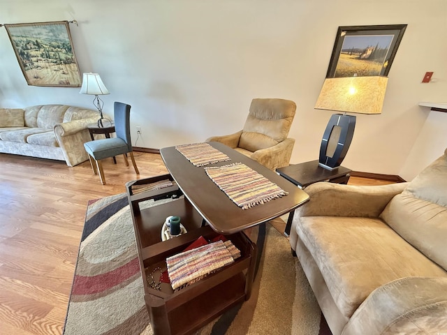 living area featuring baseboards and wood finished floors