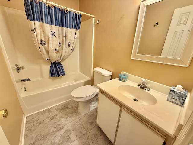 full bathroom with vanity, toilet, and shower / bath combo with shower curtain