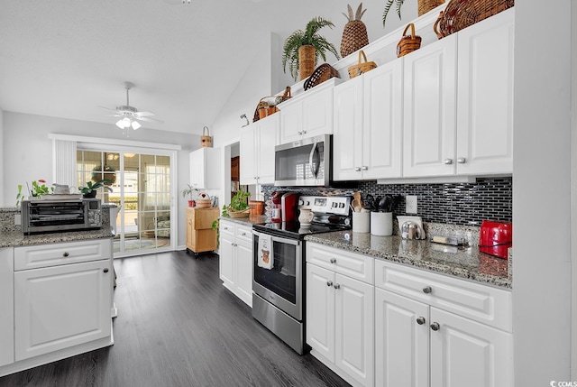 kitchen featuring dark wood-style floors, lofted ceiling, ceiling fan, stainless steel appliances, and backsplash