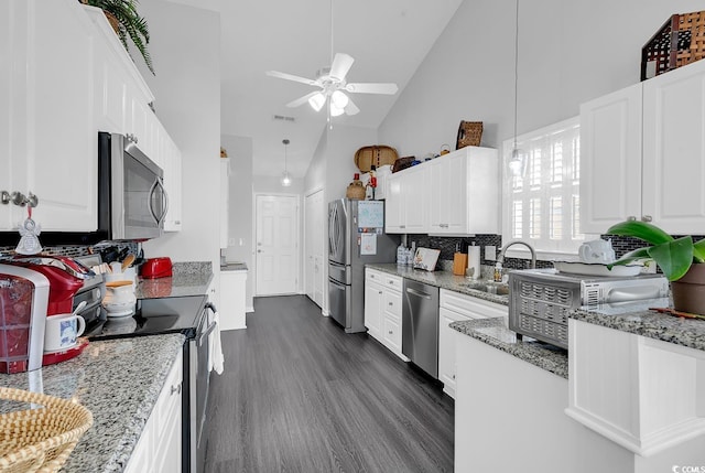 kitchen featuring visible vents, a sink, dark wood-style floors, stainless steel appliances, and ceiling fan