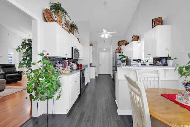 kitchen featuring high vaulted ceiling, dark wood finished floors, ceiling fan, stainless steel appliances, and white cabinetry