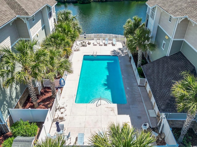 drone / aerial view featuring a water view