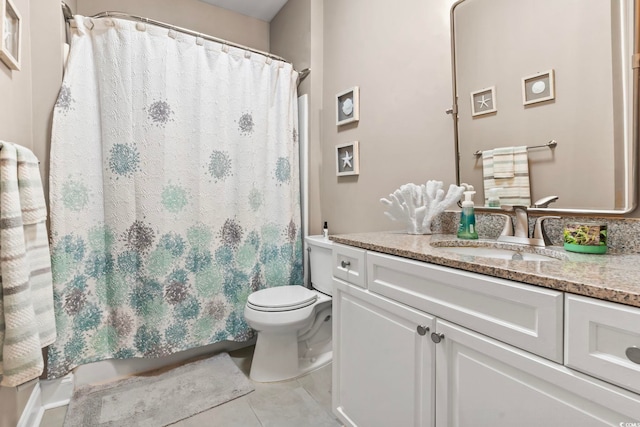 bathroom featuring tile patterned floors, a shower with shower curtain, toilet, and vanity