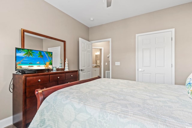 bedroom featuring visible vents and ceiling fan