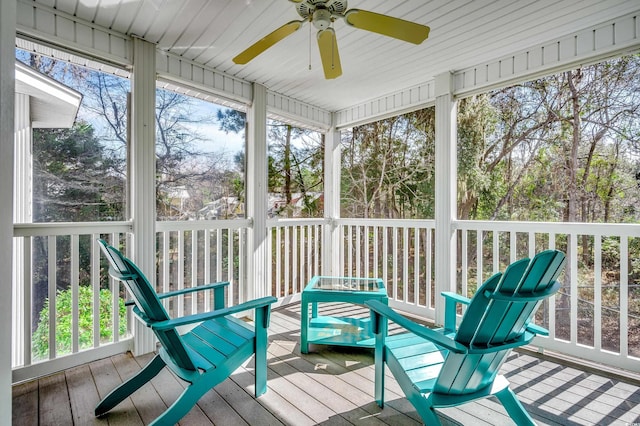 sunroom / solarium with a wealth of natural light and ceiling fan