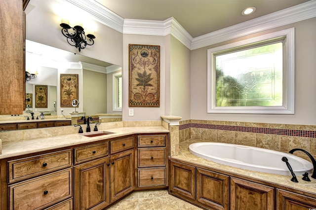 full bathroom featuring tile patterned floors, vanity, a garden tub, and ornamental molding