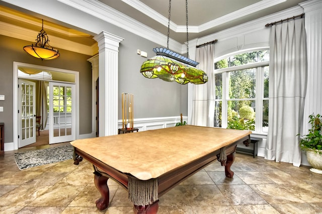 dining area with french doors, decorative columns, pool table, and crown molding