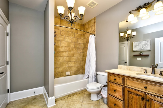 bathroom with visible vents, a notable chandelier, toilet, and tile patterned flooring