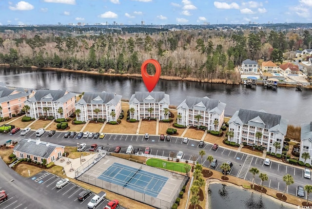 drone / aerial view featuring a water view