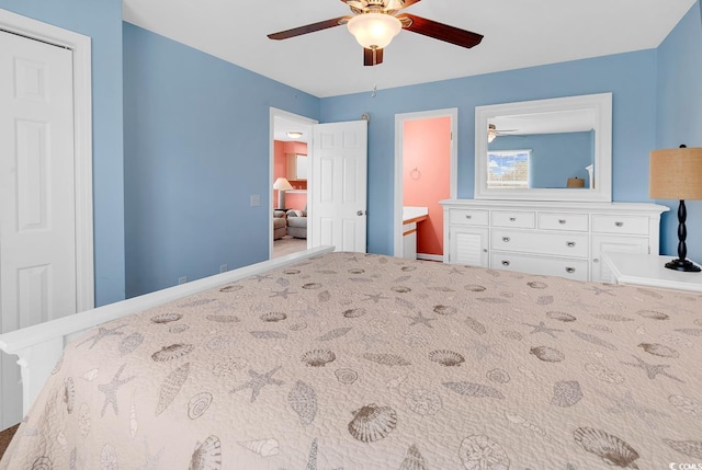 carpeted bedroom featuring baseboards and ceiling fan