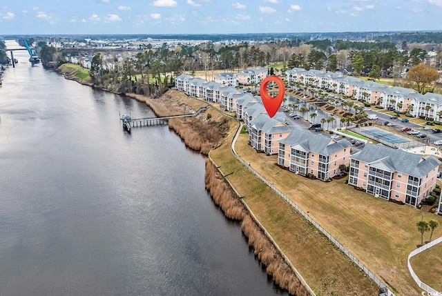 drone / aerial view featuring a water view