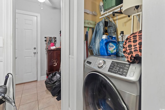 washroom featuring washer / clothes dryer, water heater, tile patterned flooring, ceiling fan, and laundry area