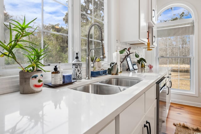 kitchen with a sink, a wealth of natural light, white cabinets, and light countertops