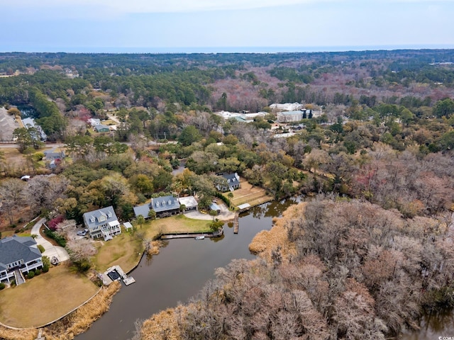 drone / aerial view featuring a forest view and a water view