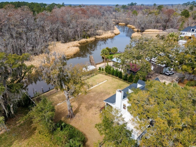 drone / aerial view featuring a forest view and a water view