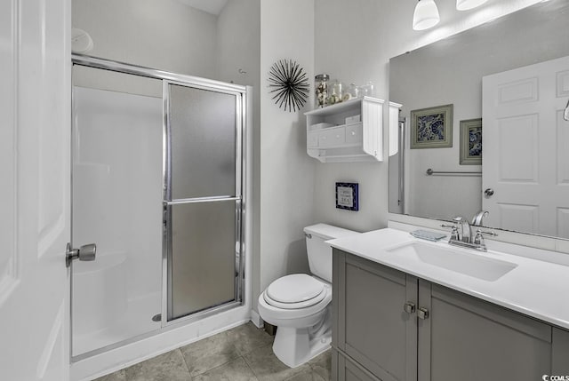 bathroom with vanity, a shower stall, toilet, and tile patterned flooring