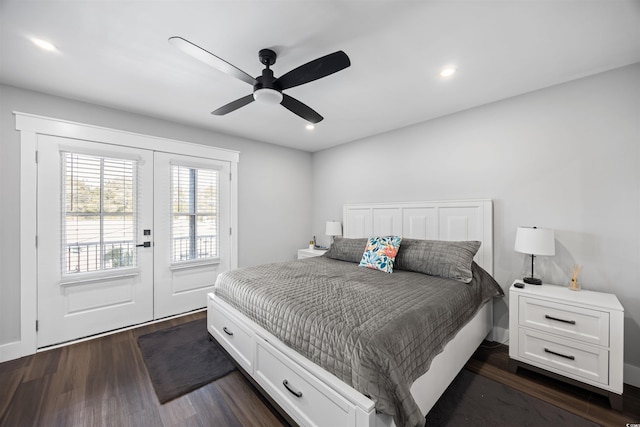 bedroom featuring access to exterior, dark wood finished floors, recessed lighting, french doors, and a ceiling fan