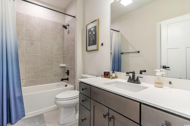 full bathroom featuring vanity, shower / tub combo, and toilet