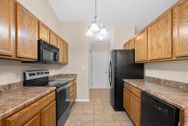 kitchen featuring light tile patterned floors, visible vents, an inviting chandelier, black appliances, and decorative light fixtures