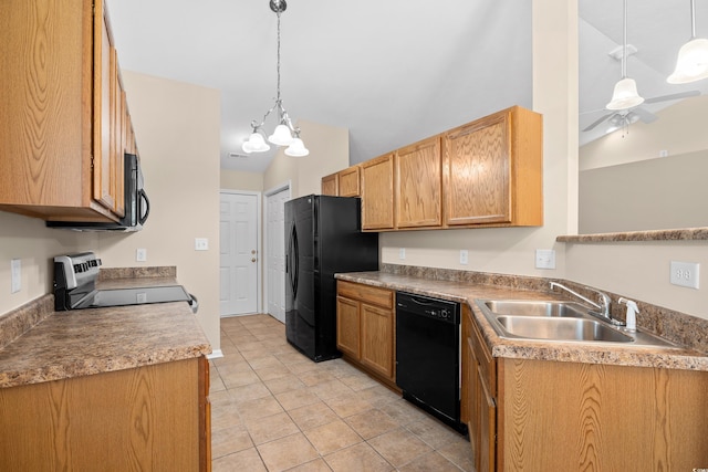 kitchen with vaulted ceiling, ceiling fan with notable chandelier, hanging light fixtures, black appliances, and a sink