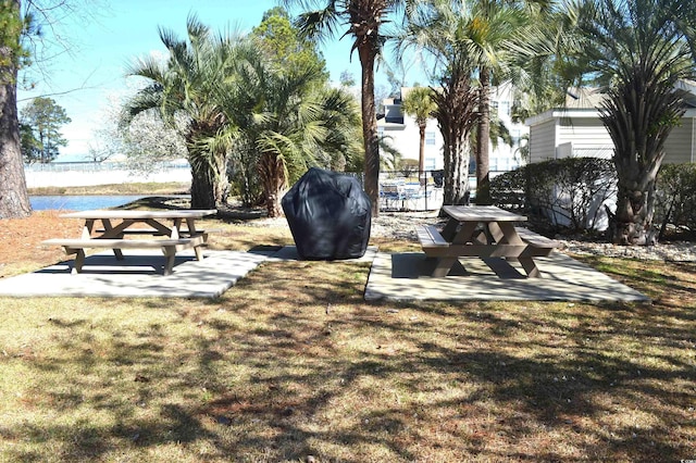 view of home's community featuring a lawn and a water view
