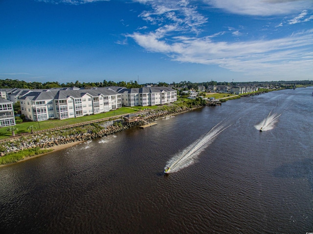 drone / aerial view featuring a water view