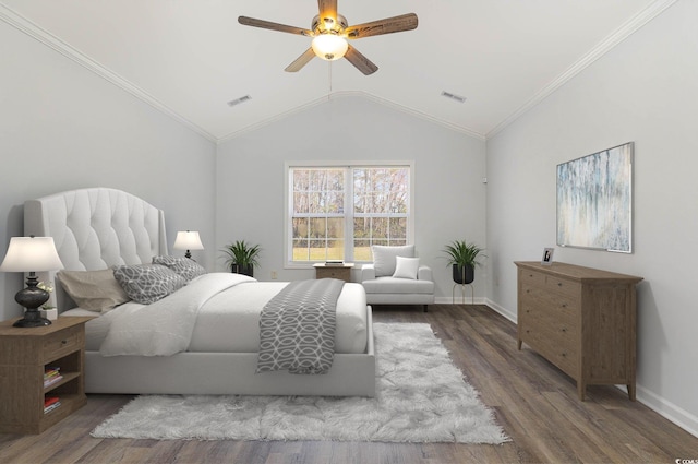 bedroom with wood finished floors, visible vents, baseboards, lofted ceiling, and crown molding