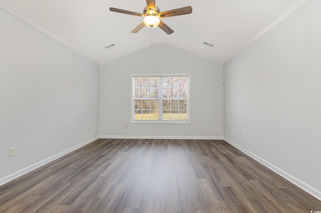 unfurnished room featuring visible vents, dark wood-style floors, a ceiling fan, and ornamental molding